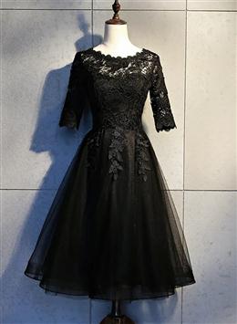 Picture of Black Color Lace and Tulle Short Sleeves Party Dress Formal Dresses, Black Color Homecoming Dress